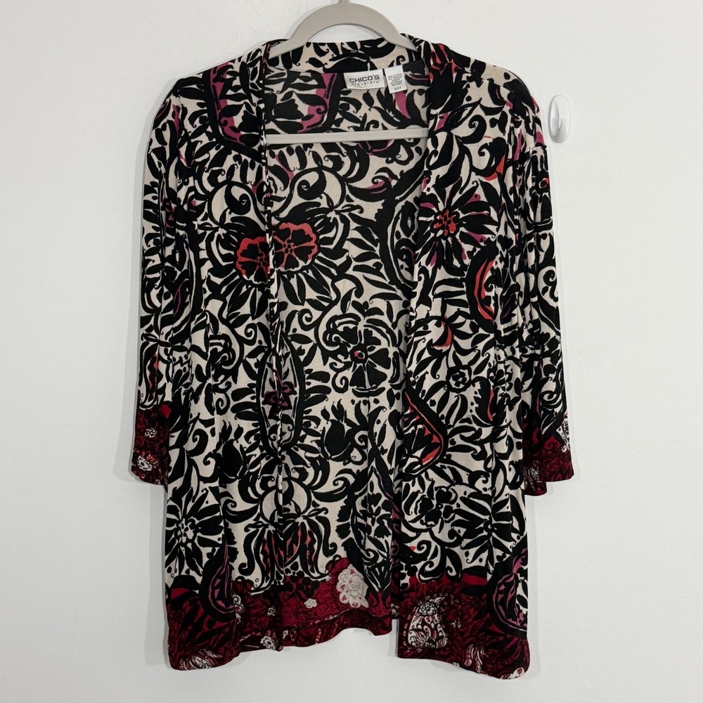 Chicos Travelers Womens Cardigan 3 XL Black Floral Slinky Career Artsy